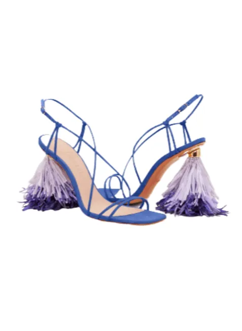 BLUE HIGH-HEELED SANDALS WITH POMPOM