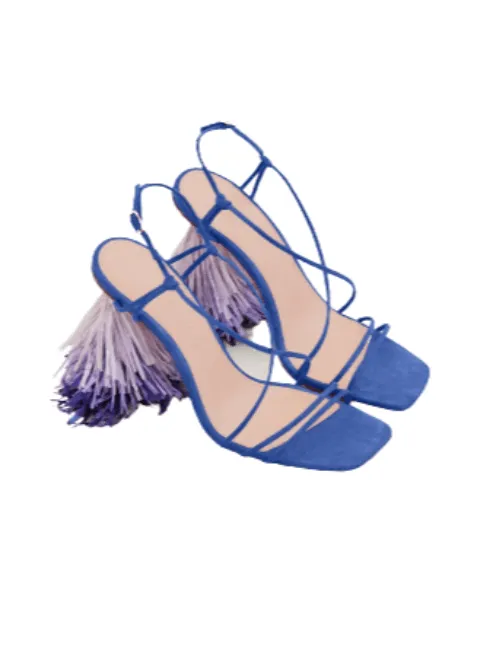 BLUE HIGH-HEELED SANDALS WITH POMPOM