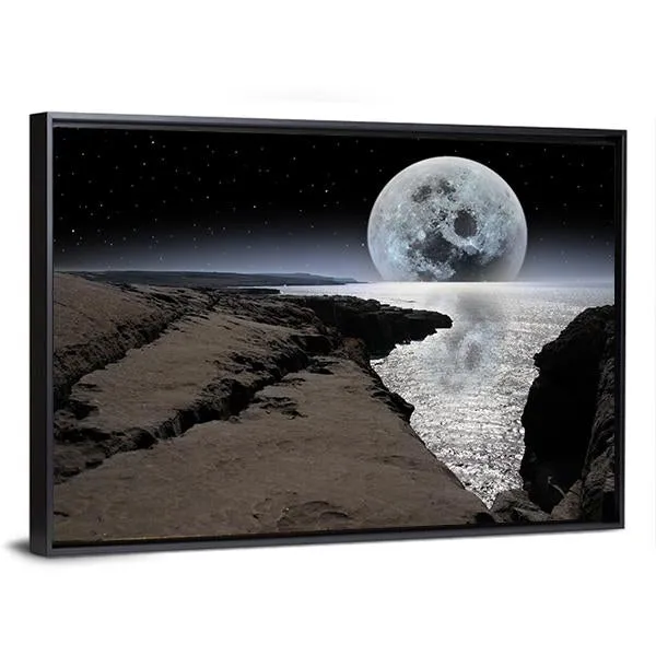Coastline With Bright Moon Canvas Wall Art