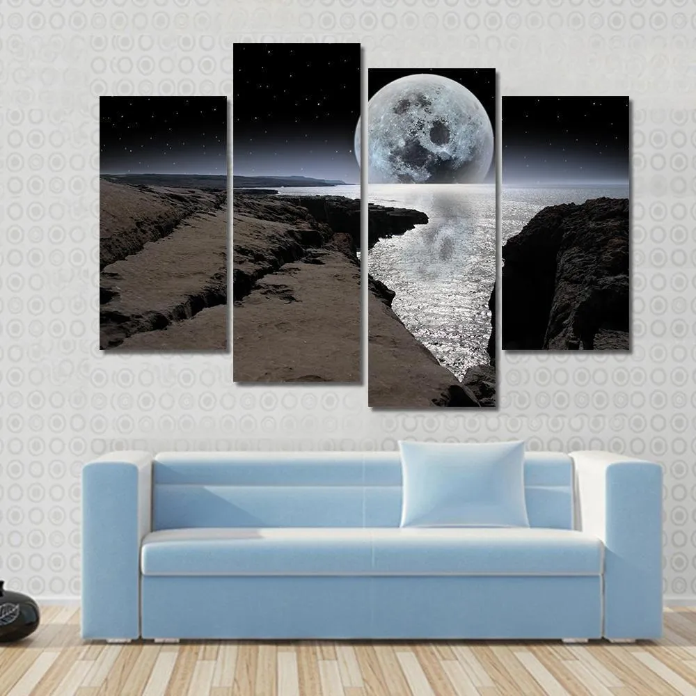 Coastline With Bright Moon Canvas Wall Art