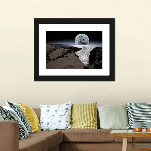Coastline With Bright Moon Canvas Wall Art
