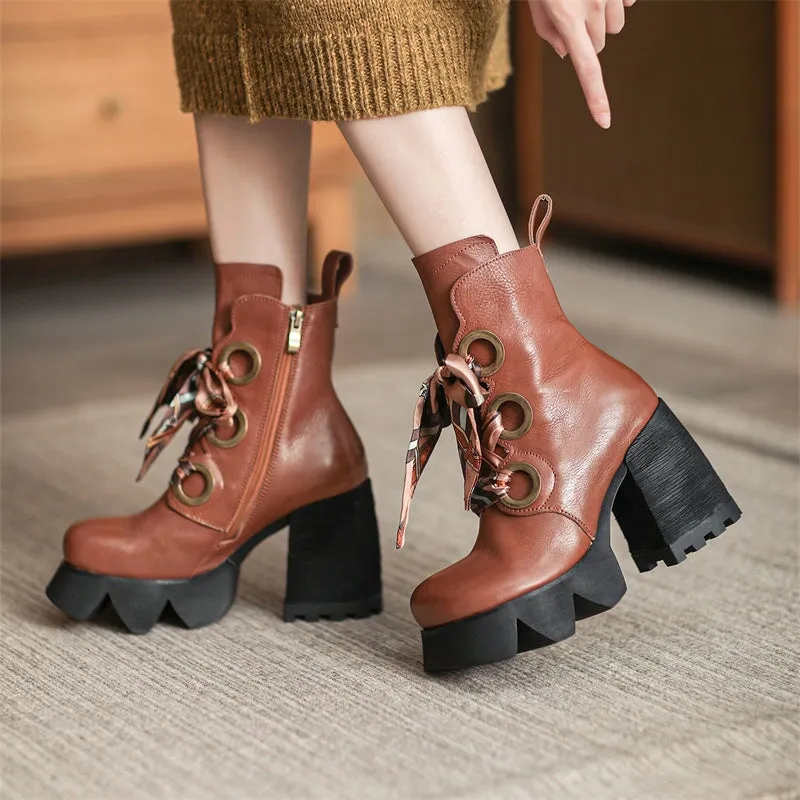 Designer Boots Handmade 100mm High Heeled Leather Short Boot in Black/Brown
