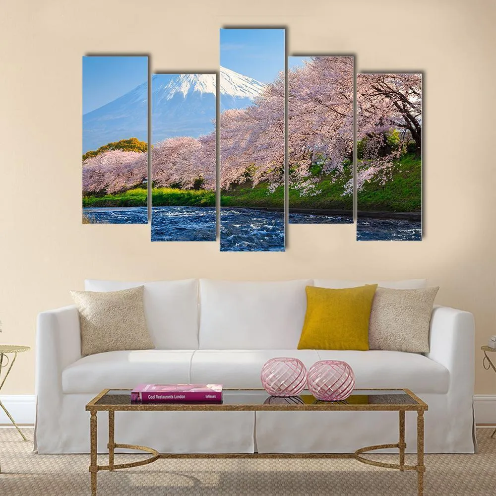 Fuji & Sakura At River Canvas Wall Art
