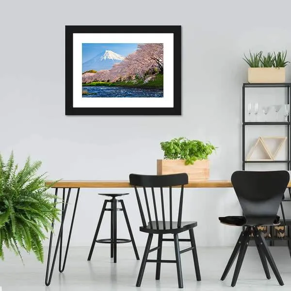 Fuji & Sakura At River Canvas Wall Art