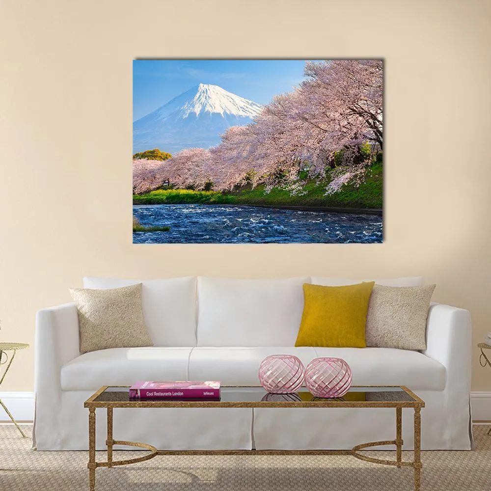 Fuji & Sakura At River Canvas Wall Art