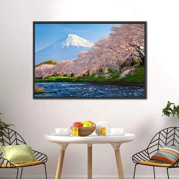 Fuji & Sakura At River Canvas Wall Art