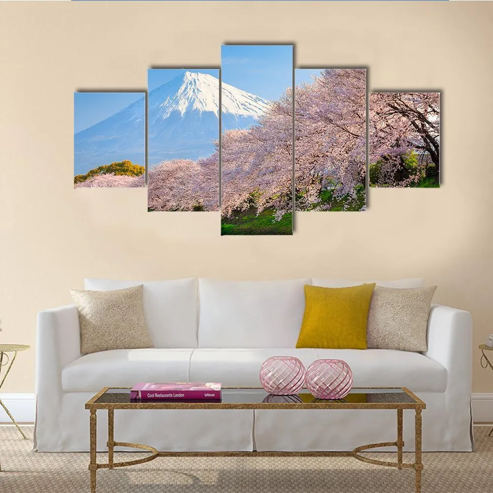 Fuji & Sakura At River Canvas Wall Art