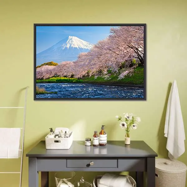 Fuji & Sakura At River Canvas Wall Art