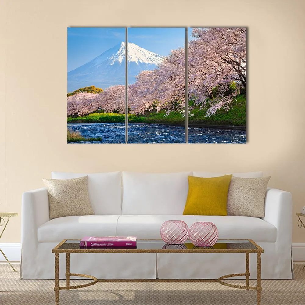 Fuji & Sakura At River Canvas Wall Art