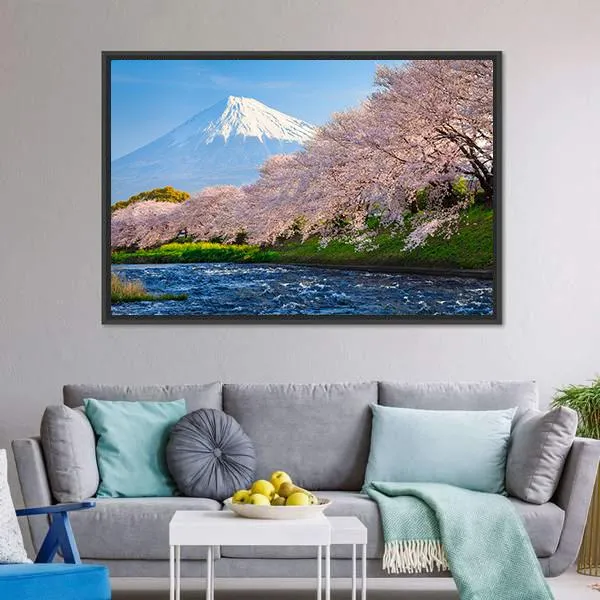 Fuji & Sakura At River Canvas Wall Art