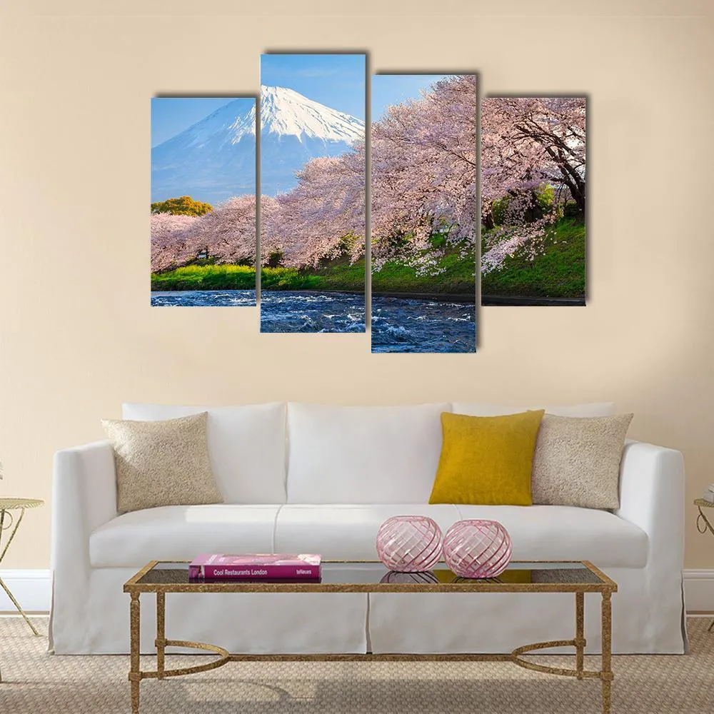 Fuji & Sakura At River Canvas Wall Art