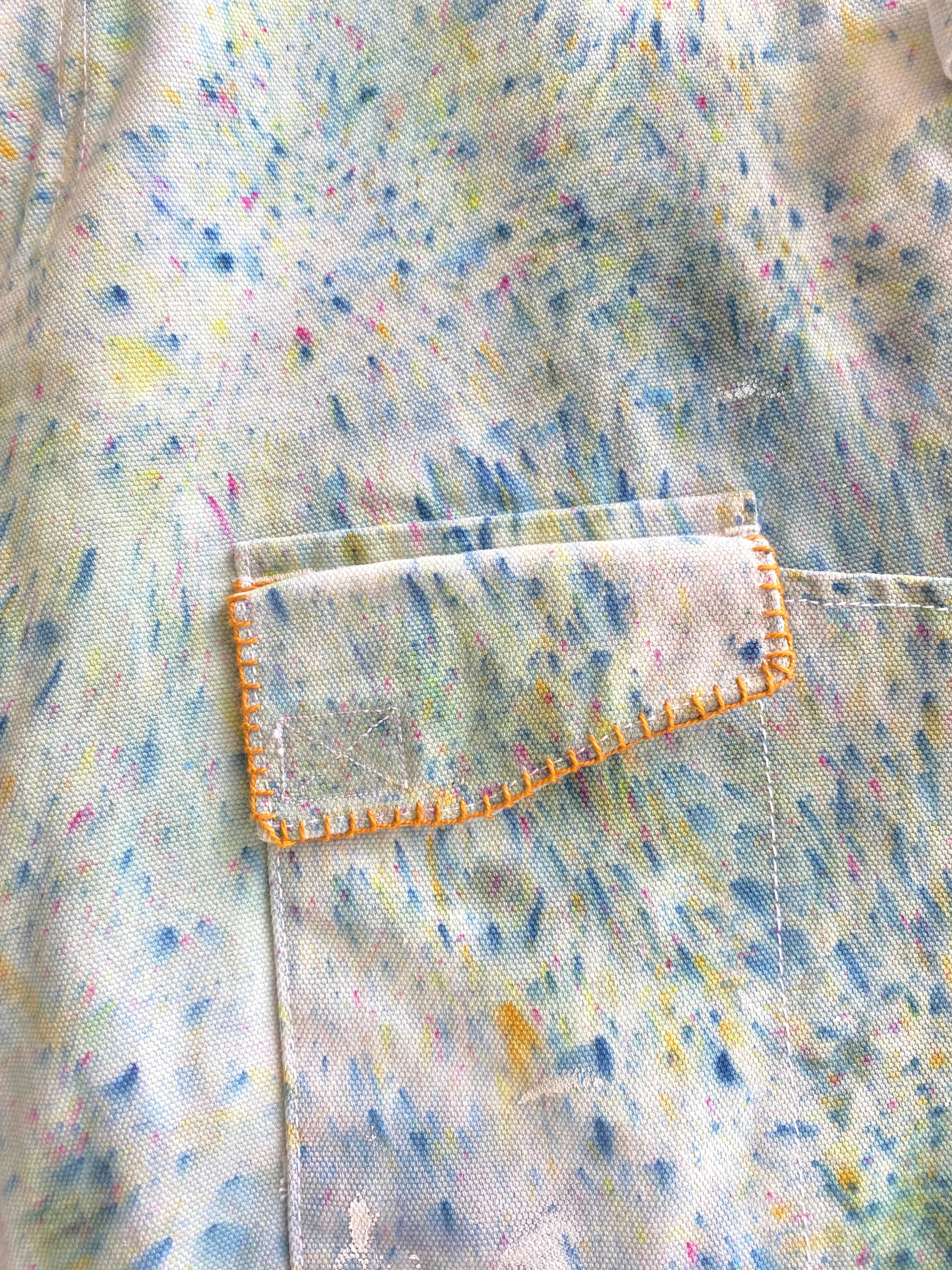 Hand Embroidered Blue & Green Splatter Dyed Pants w/ Cracker Jack Charm (Reworked)