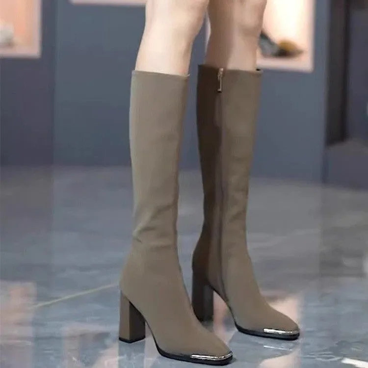 High-Heeled High-Top Fashion Boots Women's Autumn and Winter  New Korean Style Temperament Women's Side Zipper Boots in Stock Wholesale